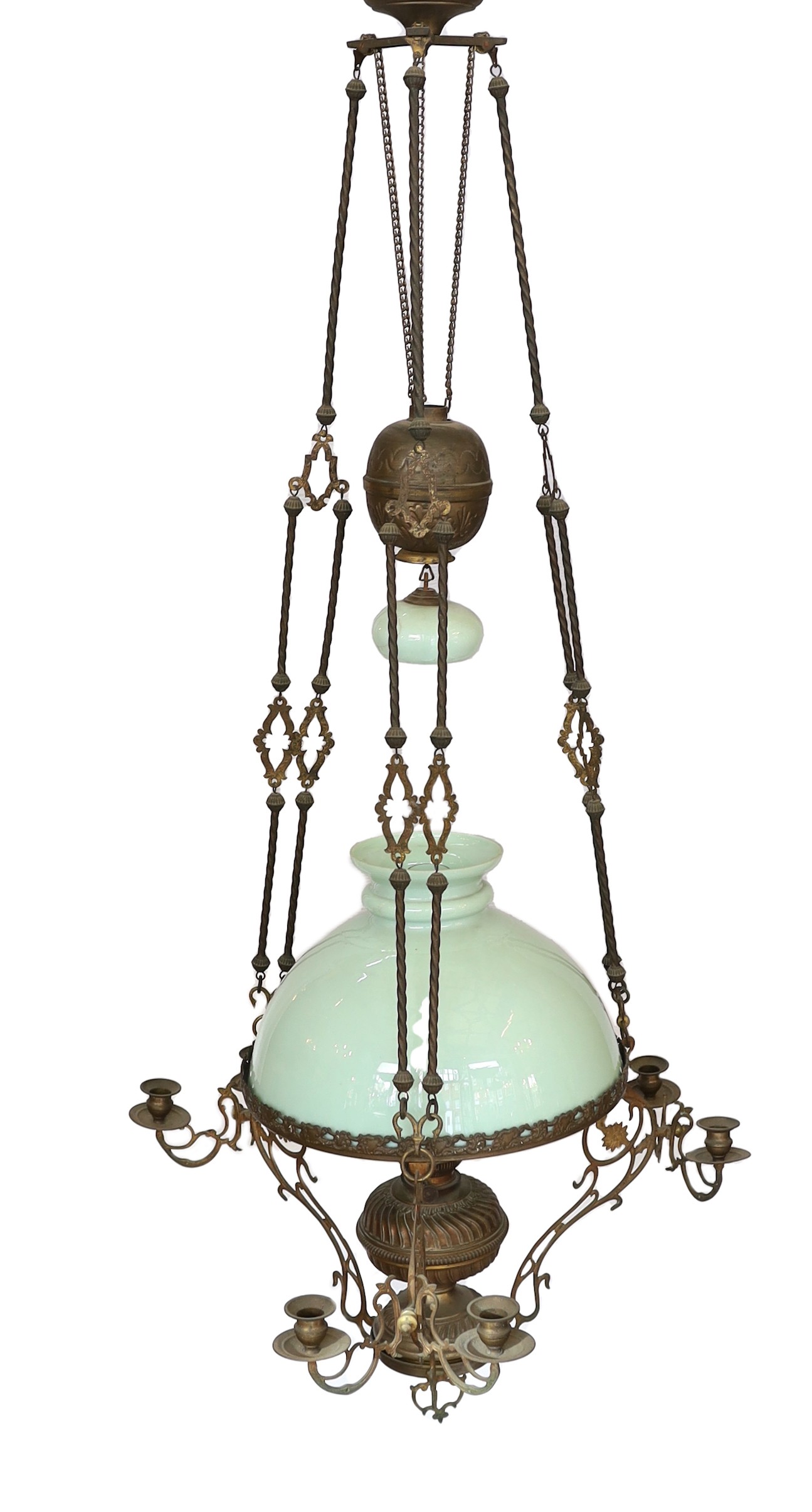 A Victorian brass counterbalanced hanging oil lamp with opaque blue glass shades and six candle sconces to the arms, height 136cm